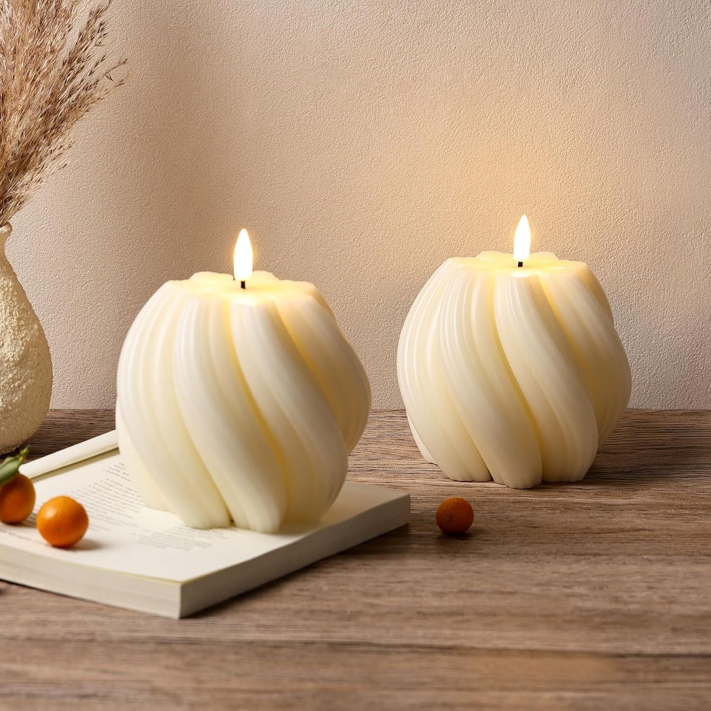 Cream White Swirl Flameless Candles with Remote, Aesthetic Twirl LED Pillar Candle Housewarming Gift Home Shelf Decor Set of 2