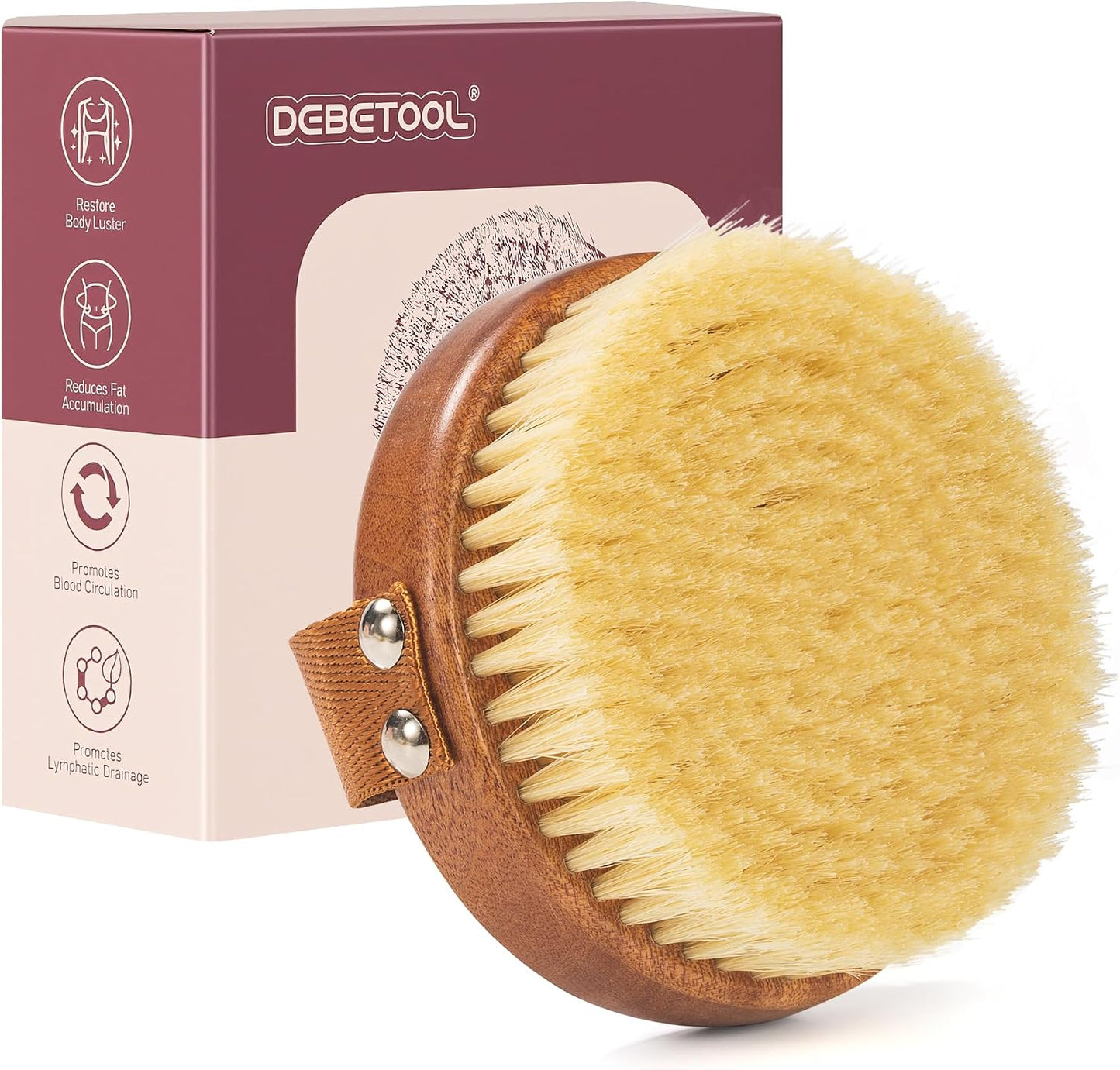 DEBETOOL Dry Brushing Body Brush - Natural Boar Bristle Exfoliating Brush for Lymphatic Drainage & Cellulite, Medium Firmness Body Brush for Dry Skin Self Care