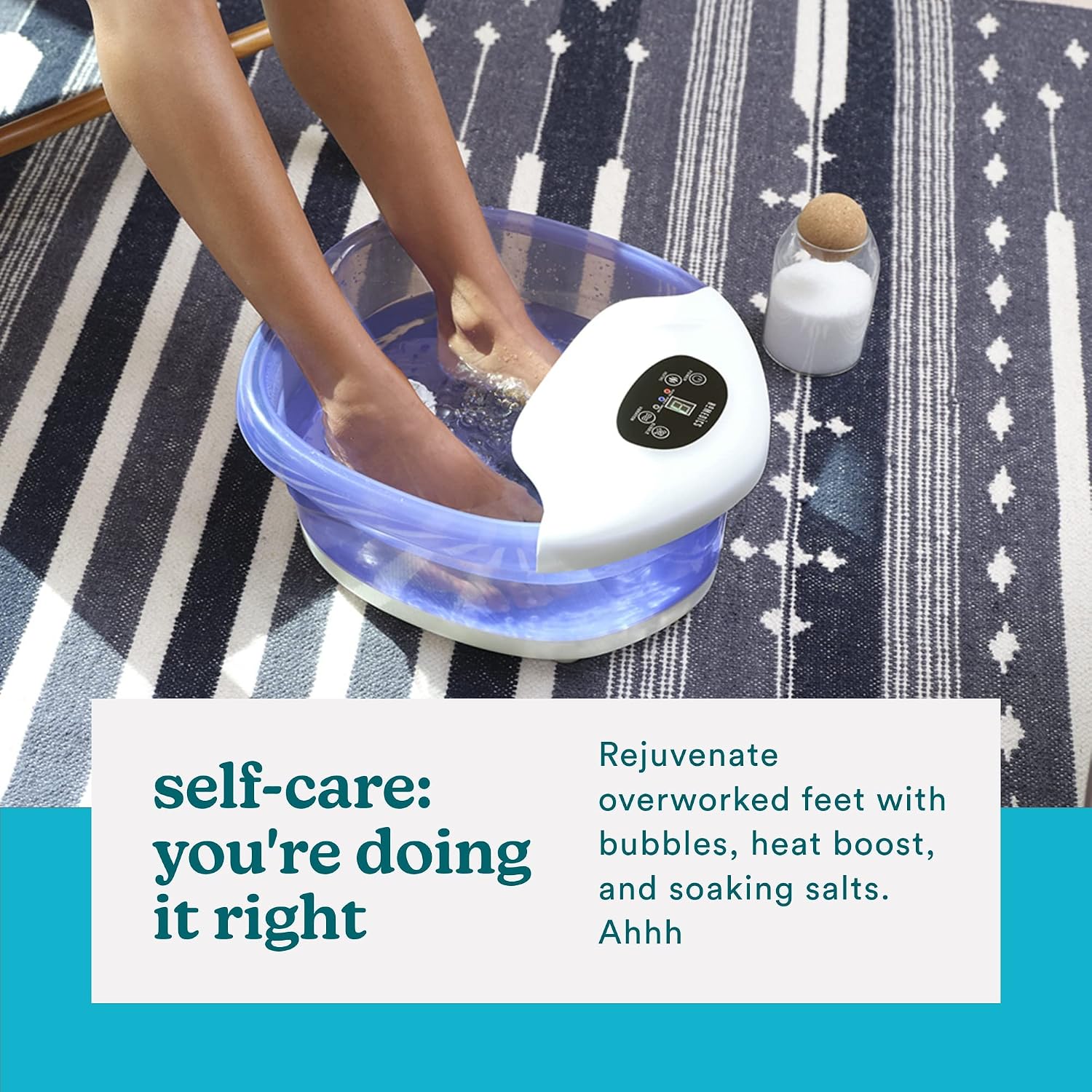 HoMedics Salt-N-Soak Footbath with Heat Boost and Soaking Salt Starter Kit, 4 Soothing Massage Rollers, Toe-Touch Controls, Splash Guard, Bubble, Vibration Massage, Bath Salt Dispenser, LED Display