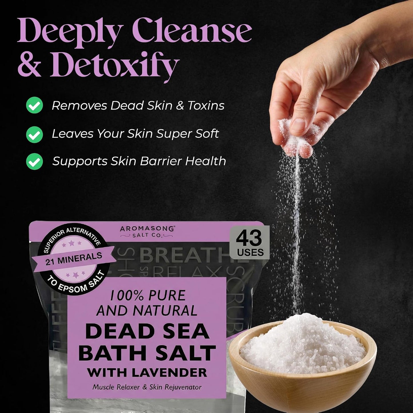 Aromasong Pure Dead Sea Salt for Soaking with 100% Natural Lavender, 19 LB - Spa Bath Salt Fine Grain - Body Wash Scrub - Soak for Women & Men- Bulk Resealable Pack
