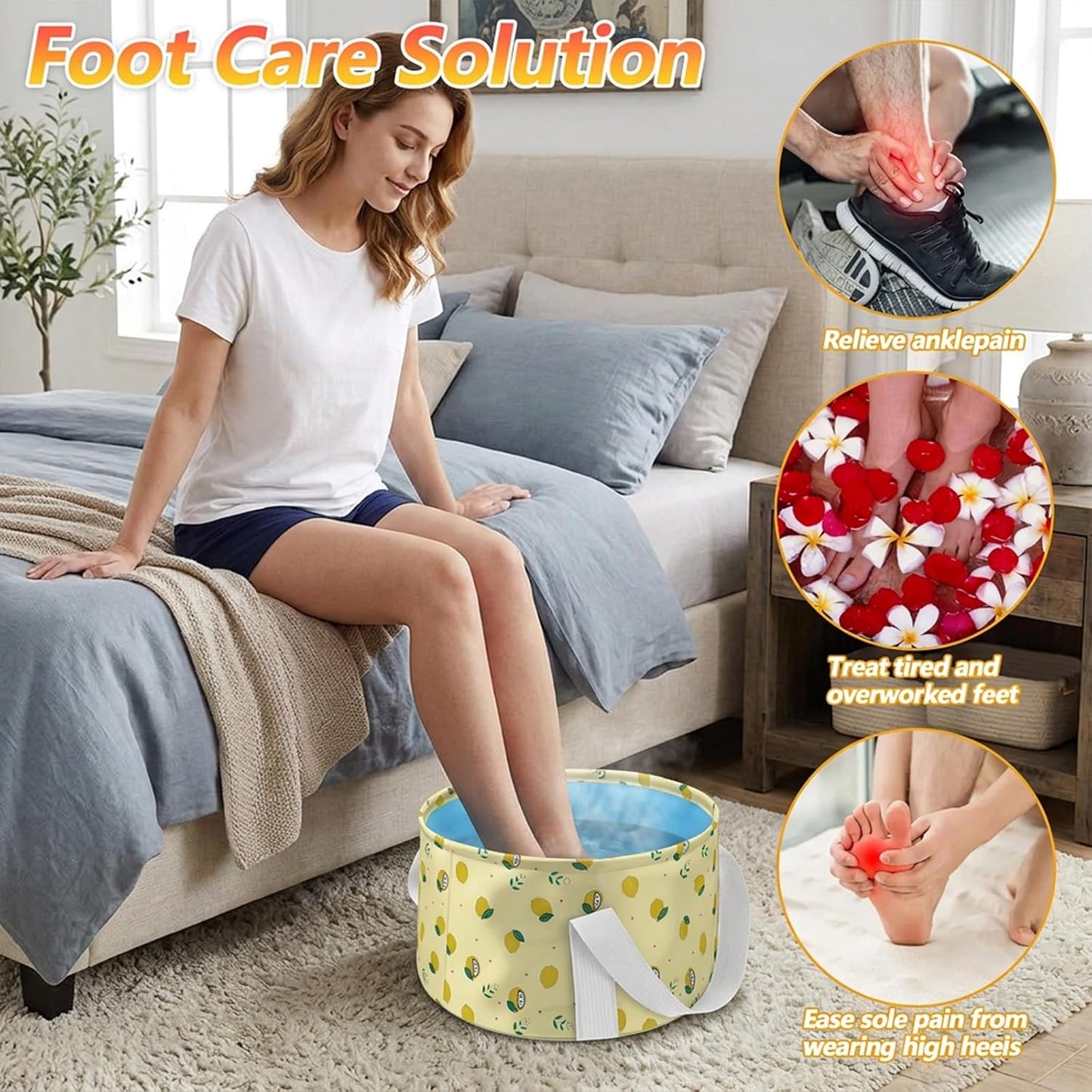 Foldable Bucket for Soaking Feet, Portable Foot Bath Tub Spa Basin Yellow Footbath Bucket for Travel Home Pedicure Outdoor Camping/Wash Face Vegetables Fruits(Yellow)