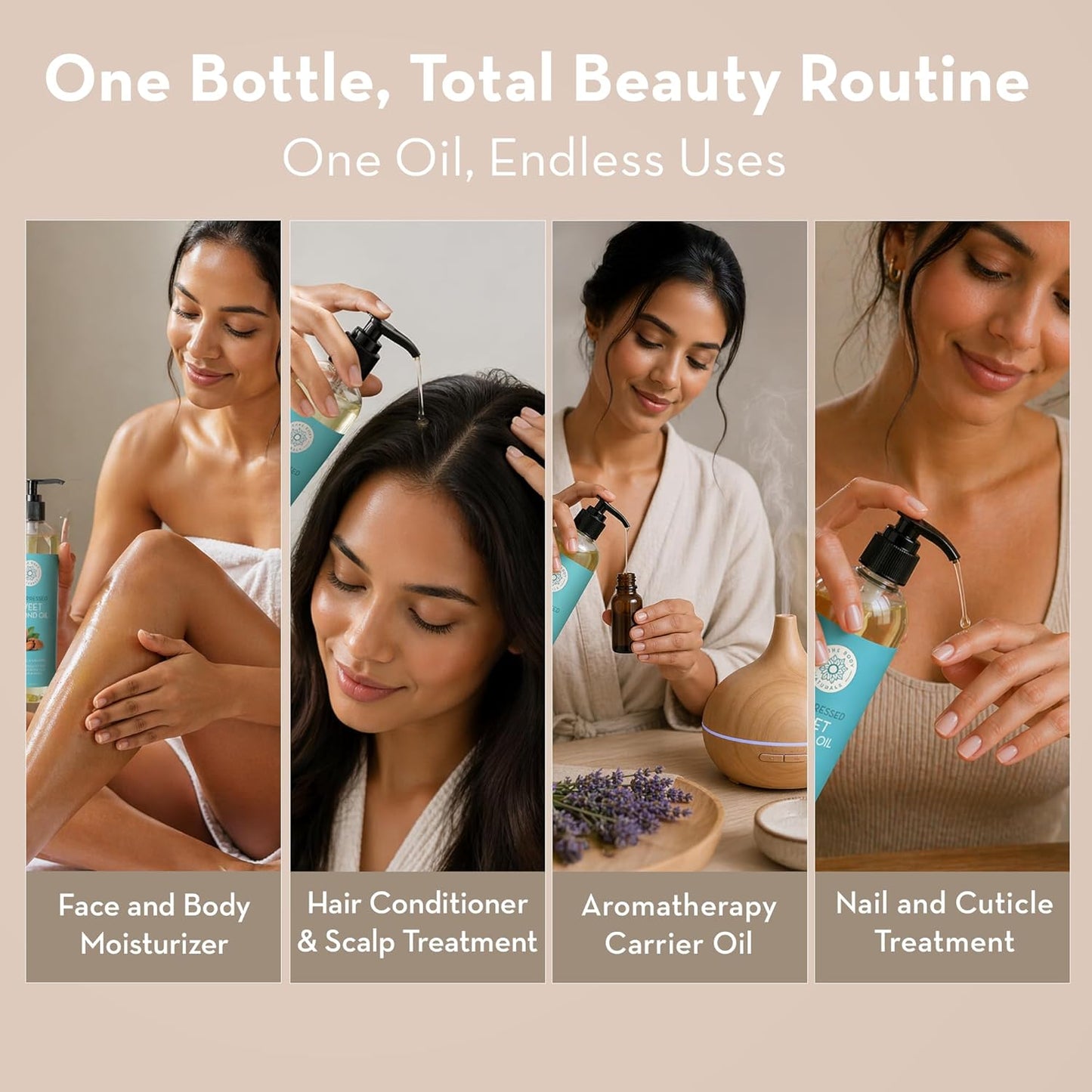 Pure Body Naturals Sweet Almond Oil for Skin and Hair, Cold Pressed Almond Oil, Almond Body Oil, Sweet Almond Carrier Oil, Fast Absorbing Moisturizer, 16 fl oz