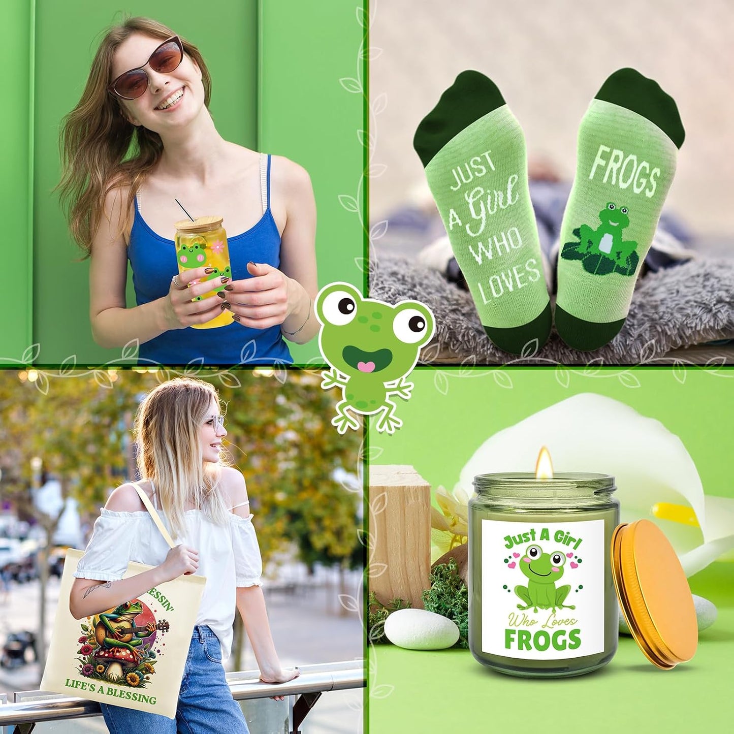 JTAMOHI 10 Pcs Frog Gifts, Frog Lovers Gifts for Women, Cute Frog Stuff with 16 Oz Frog Glass Cup Tote Bag Candle Socks Bracelet Earrings Keychain Headband Wristbands for Birthday Christmas Frog Lover