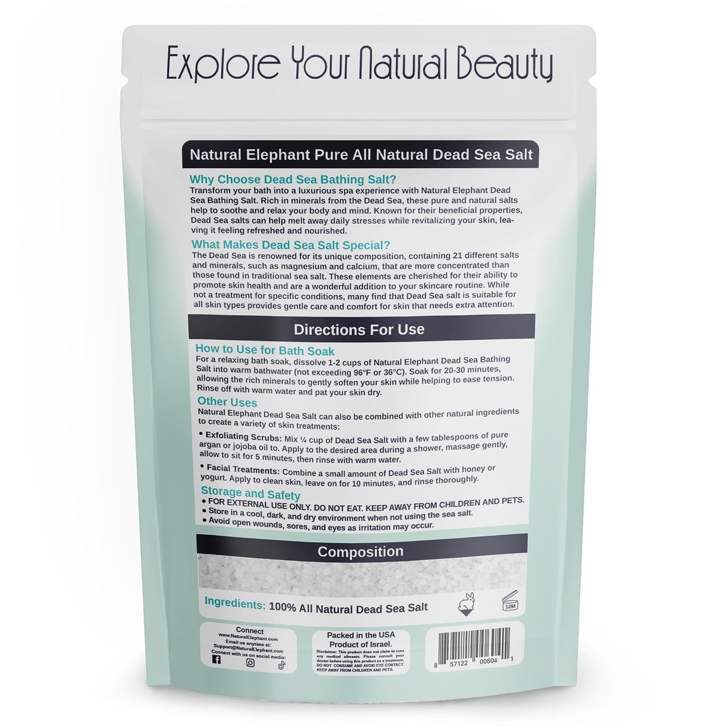 Natural Elephant Dead Sea Bath Salt | 2 Pound Bag (32oz) | 100% Natural and Pure| Coarse Grain | Ideal for Baths and Soaks