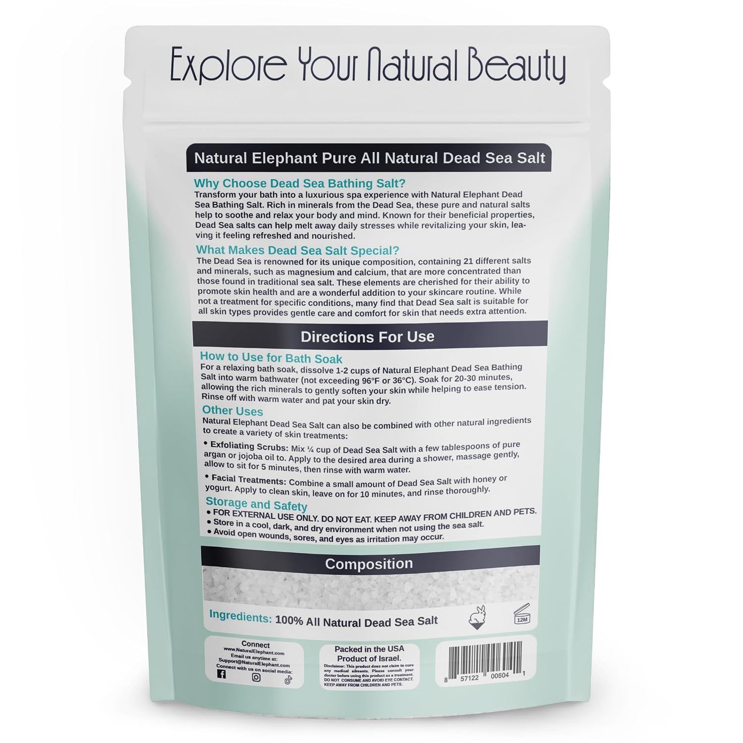 Natural Elephant Dead Sea Bath Salt | 2 Pound Bag (32oz) | 100% Natural and Pure| Coarse Grain | Ideal for Baths and Soaks