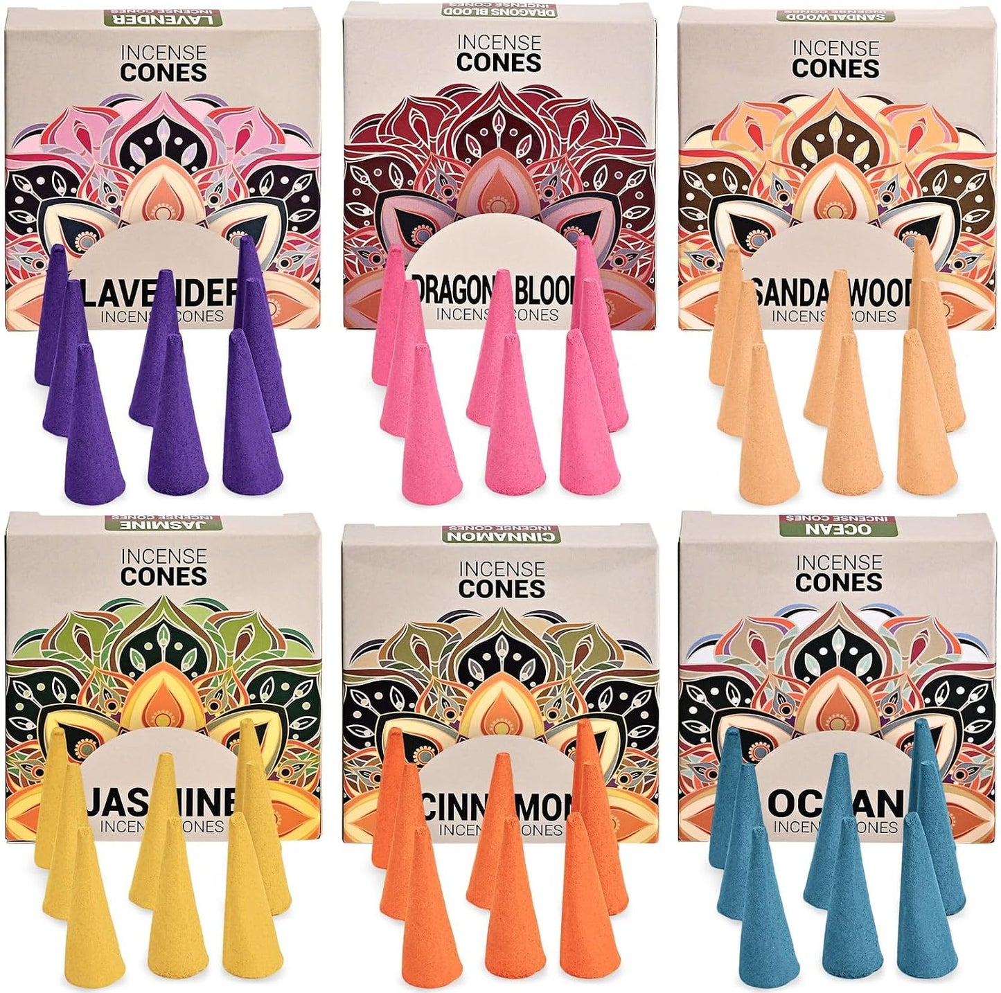 Incense Cones Variety Pack - 6 Scents: Lavender, Sandalwood, Dragons Blood, Ocean, Cinnamon, Jasmine for Relaxation