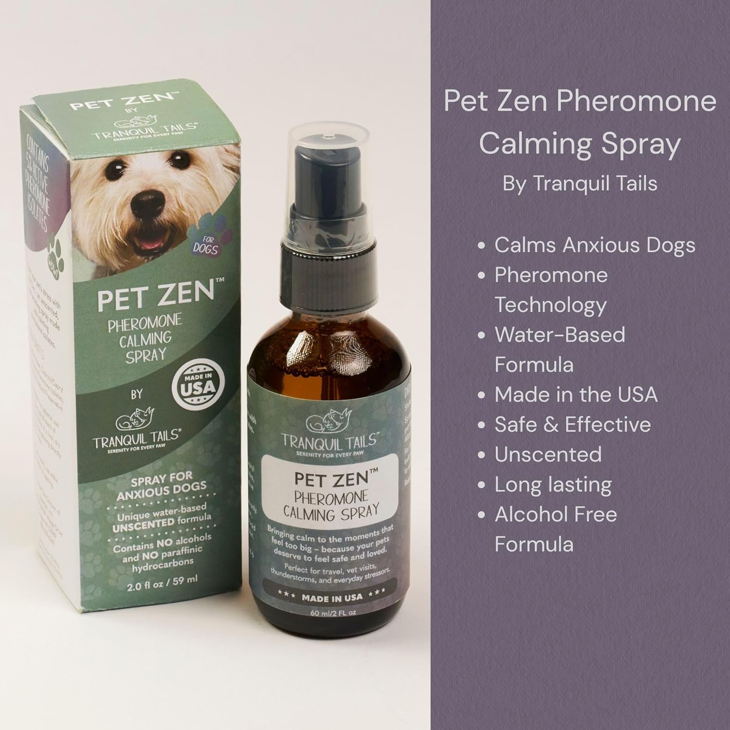 Pet Zen Pheromone Calming Spray for Dogs - Made in the USA - Alcohol-Free - for Carriers, Bedding, Travel & Vet Visits