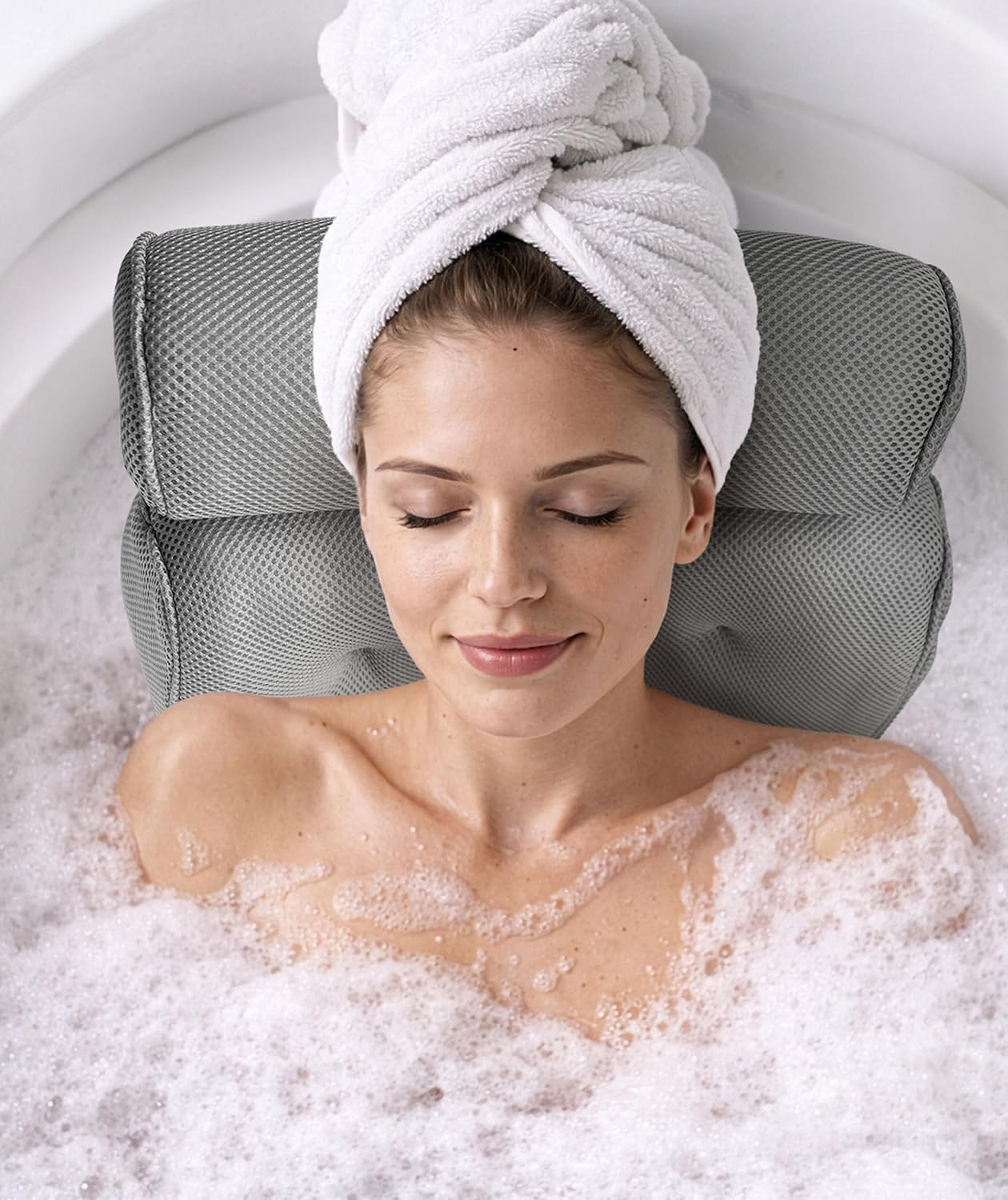 Everlasting Comfort Luxury Bath Pillows for Tub with Head and Neck Support - Non-Slip Bathtub Pillow with Suction Cups, Quick-Drying Mesh & Drying Hook - Jacuzzi & Spa Accessories for Women - Gray