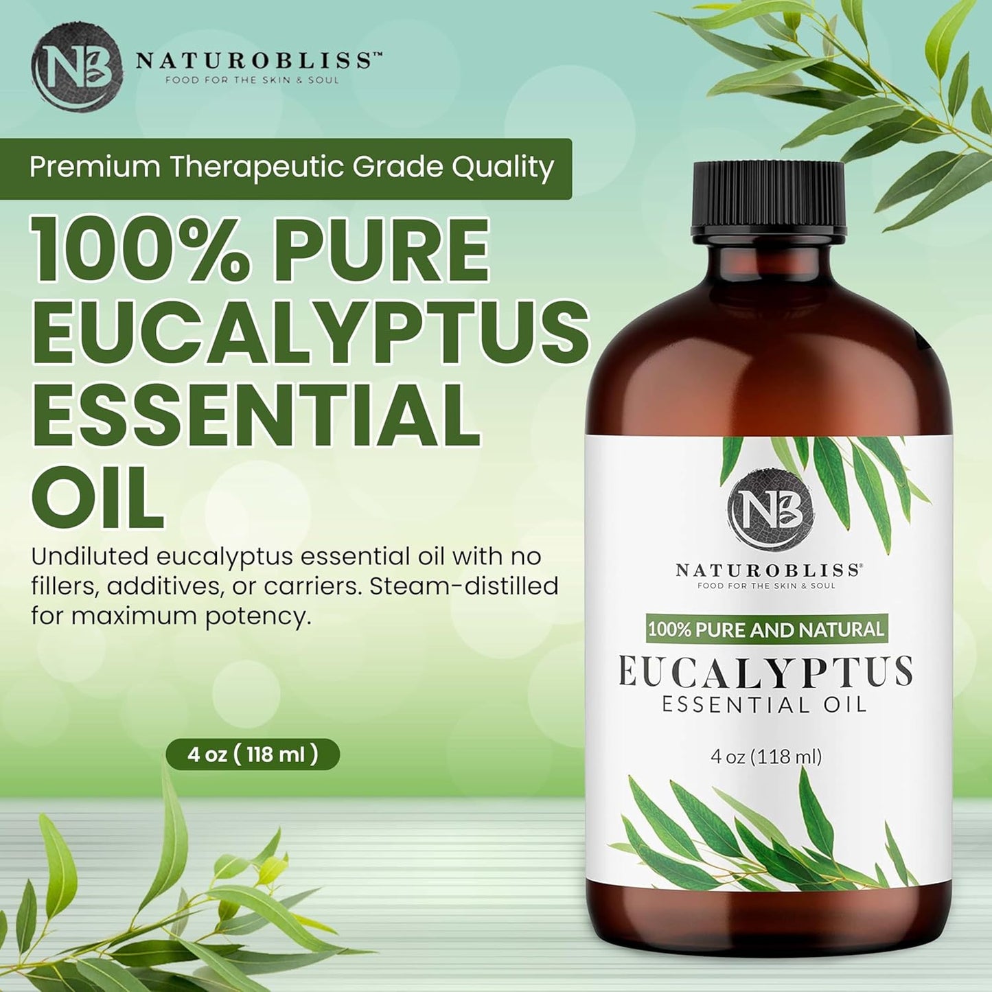 NaturoBliss Essential Oil with Glass Dropper - 100% Pure and Natural - Essential Oils for Diffuser, Aromatherapy, Soap and Candle Making, Eucalyptus Essential Oil, Eucalyptus Oil, 4 Fl Oz