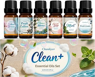 Clean Essential Oils Set 6x10ml-Fresh Linen,Mint,Clean Home,Silken Breeze,Fresh Cotton,Floral Soap for Diffuser,Home Fragrance
