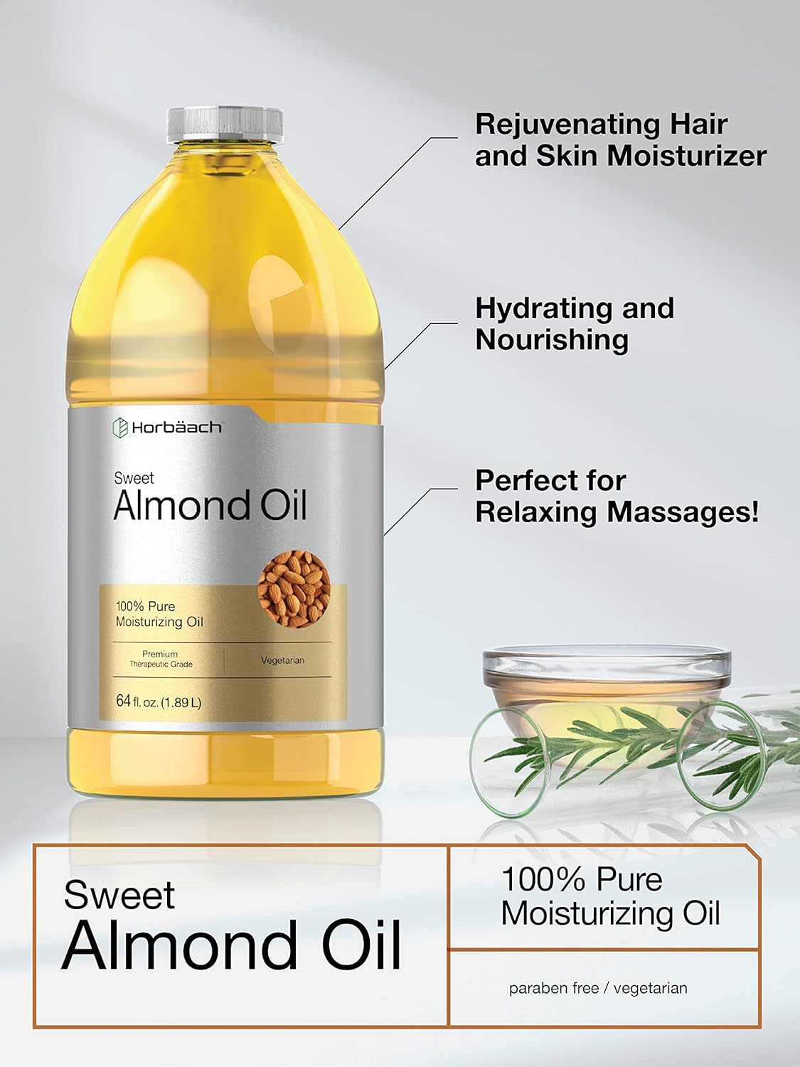 Horbäach Sweet Almond Oil | 64 fl oz | For Skin and Hair | Cold Pressed | Pure Moisturizing Liquid | Vegetarian, Non-GMO, and Gluten Free