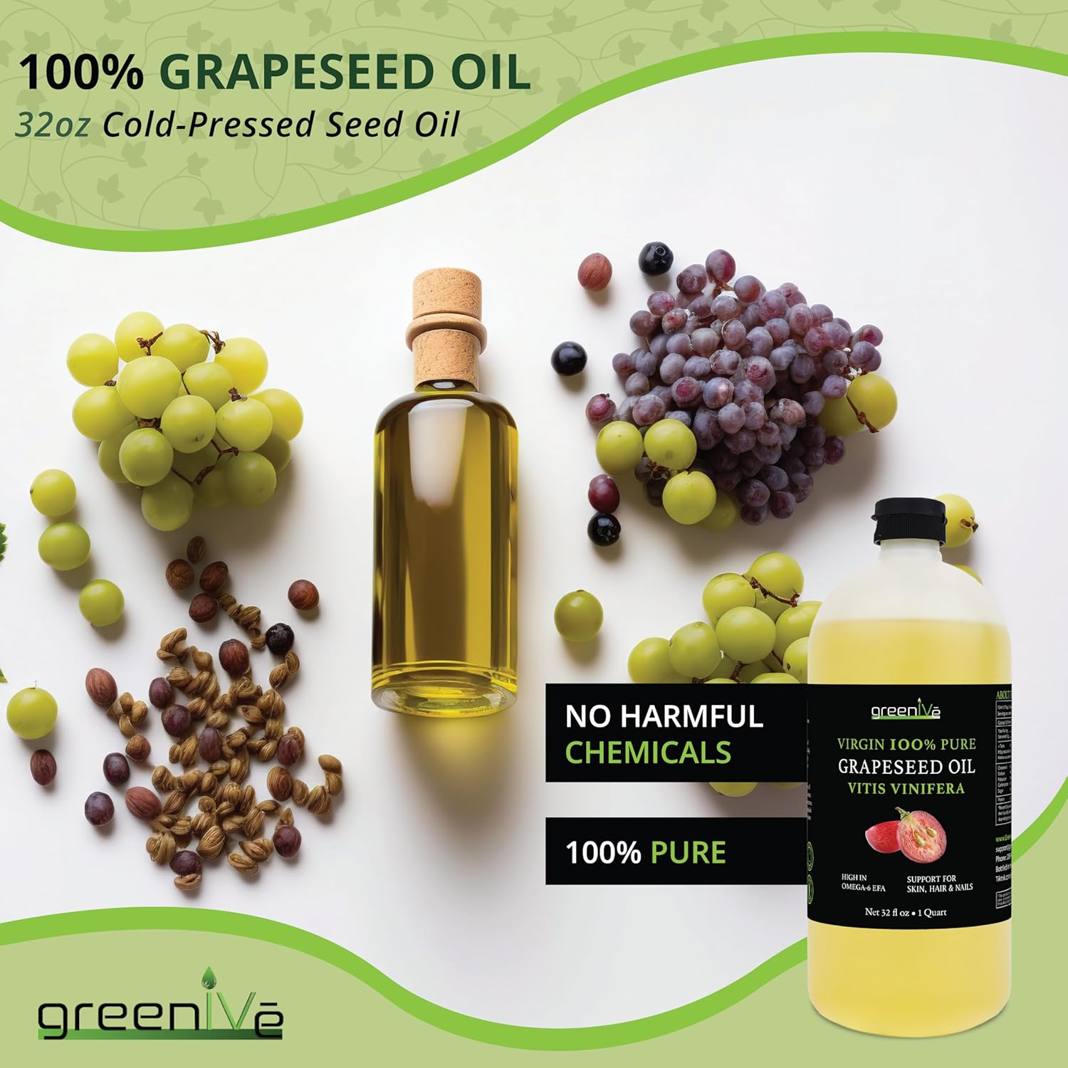 GreenIVe Grapeseed Oil Naturally Grown 100% Pure Cold Pressed Light Flavor High Tempurature Cooking 32oz