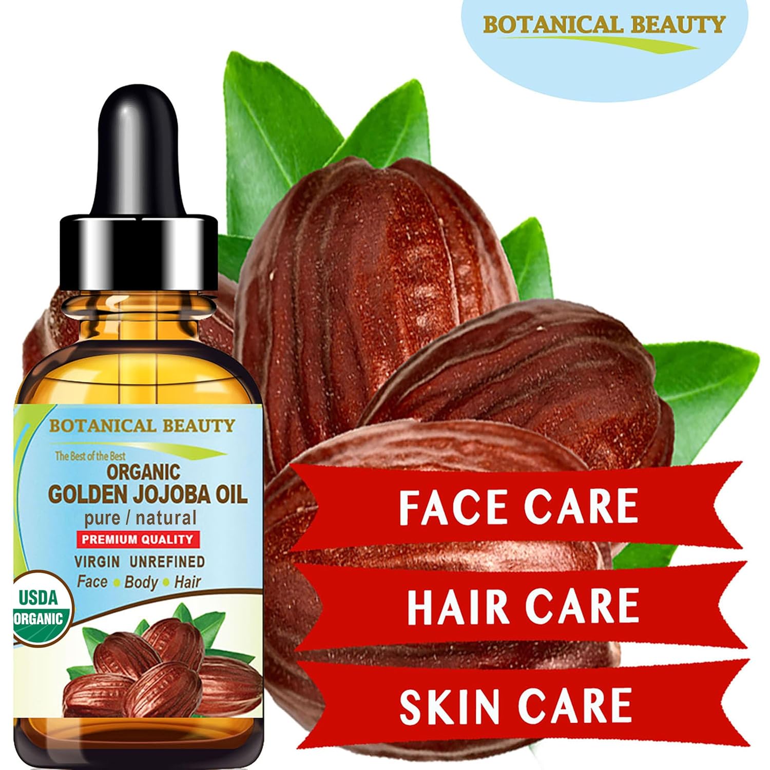 Botanical Beauty Organic JOJOBA OIL 100% Pure Natural VIRGIN UNREFINED Cold-Pressed Carrier Oil 0.5 Fl oz 15 ml for Face, Skin, Body, Hair, Lip, Nails. Rich in Vitamin E, Omega 6, Omega 9