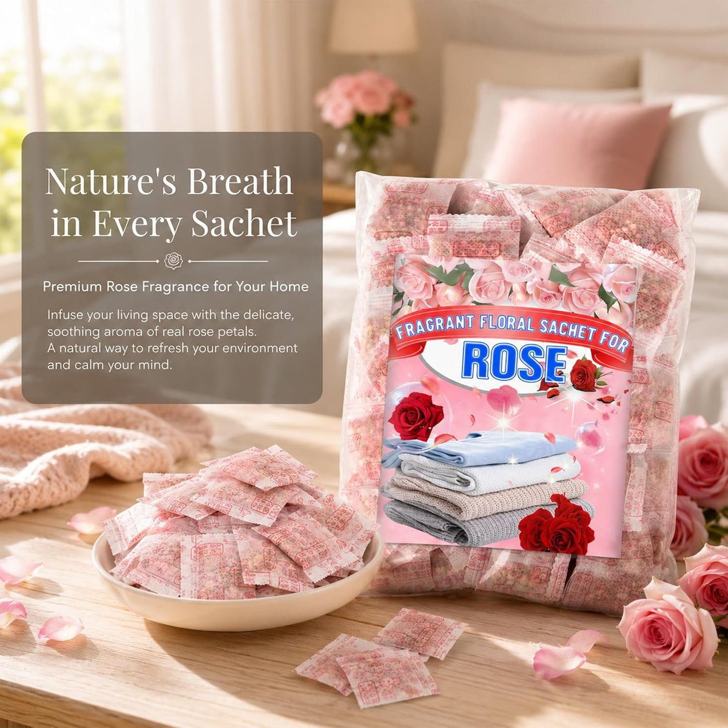 RAINFLOW Sachets for Drawers and Closets - 100 Pcs Rose Sachet Bag Natural Floral Fragrance Bags Bulk Odor Eliminator and Air Freshener for Drawer,Clothes Storage and Small Spaces