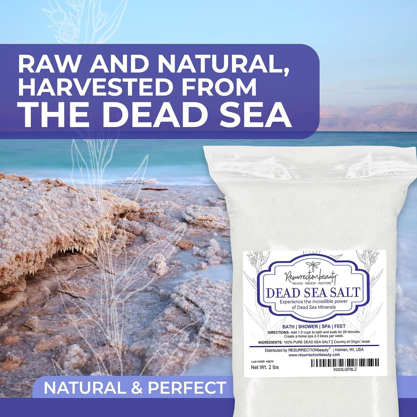 RESURRECTIONbeauty 100% Pure Dead Sea Salt, Bulk Bath Salts for Home Spa & Salt Scrub, Bath & Foot Soak, 2 lb