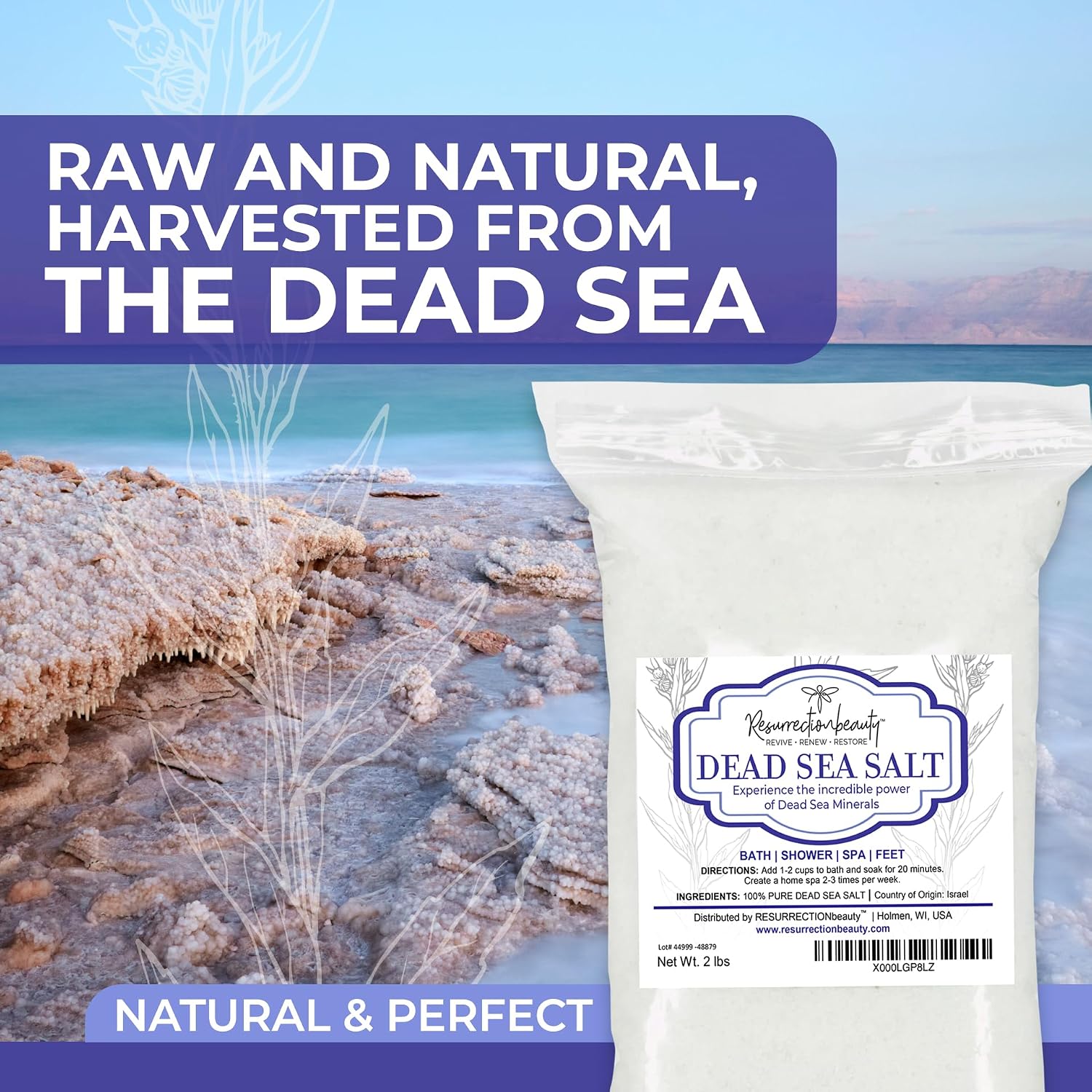 RESURRECTIONbeauty 100% Pure Dead Sea Salt, Bulk Bath Salts for Home Spa & Salt Scrub, Bath & Foot Soak, 2 lb