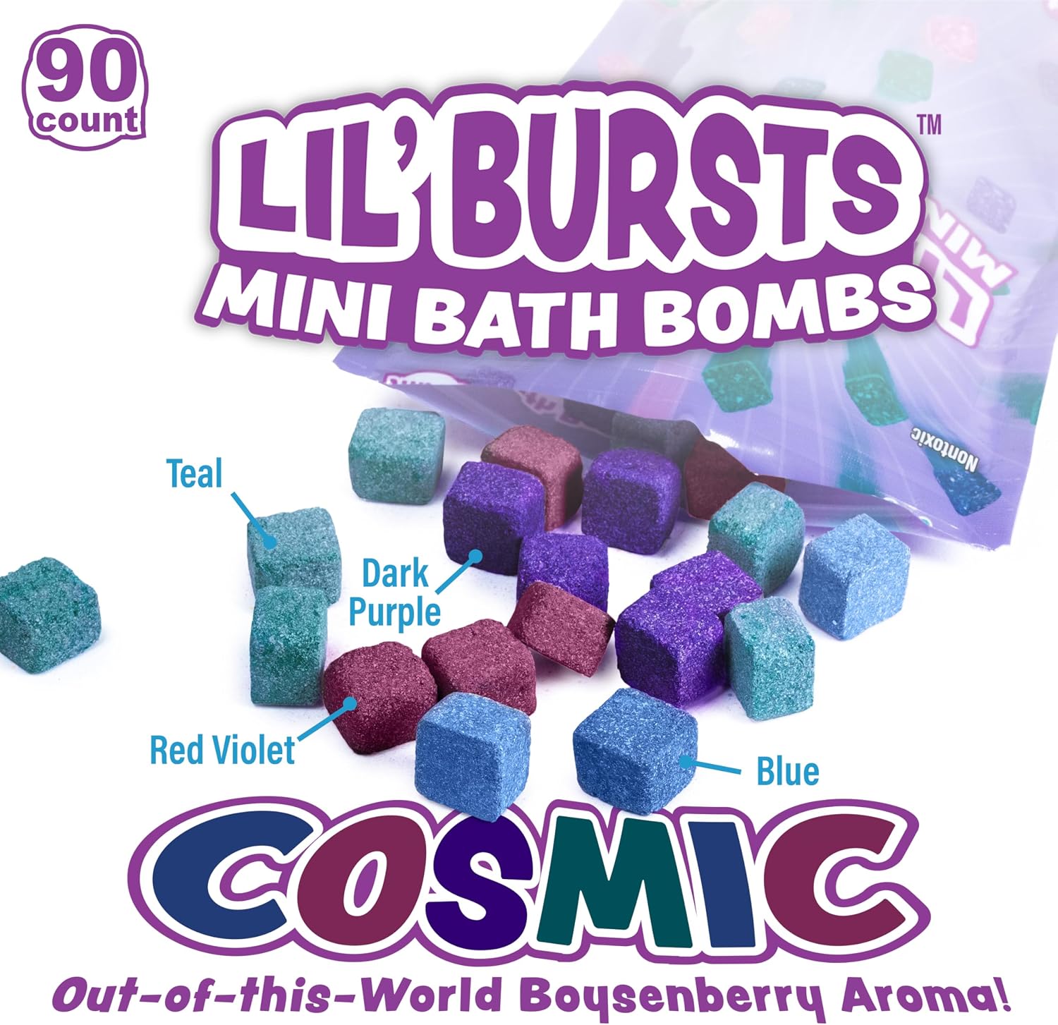 Tub Works® Lil' Bursts™ Mini Bath Bombs for Kids, 90 Count, Cosmic | Nontoxic | Tiny Kids Bath Bombs with A Burst of Color, Foam & Bubbles | Customize Kids Bath with Fun Bath Colors | Create Tub Art