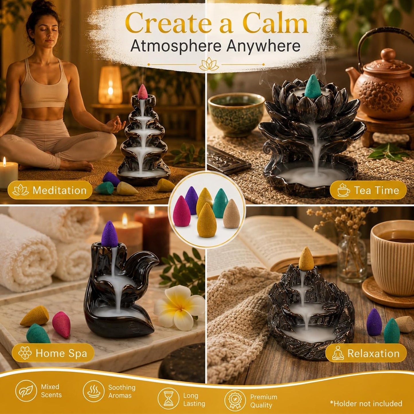 110Pcs Backflow Incense Cones for Waterfall 6 Different Mixed Natural Incense Waterfall Cones