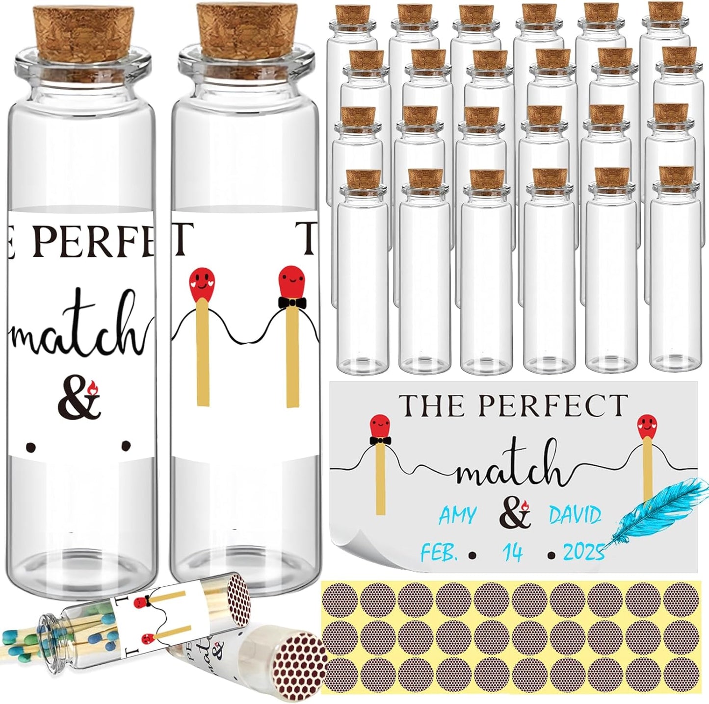 26 Set of Empty Match Jars With Cork Top And 30 Striker Stickers and 30 DIY Wedding Themed Stickers.DIY Bulk Glass Match Holder,Suitable for Guest Gifts,Bridal Shower Party Favors.