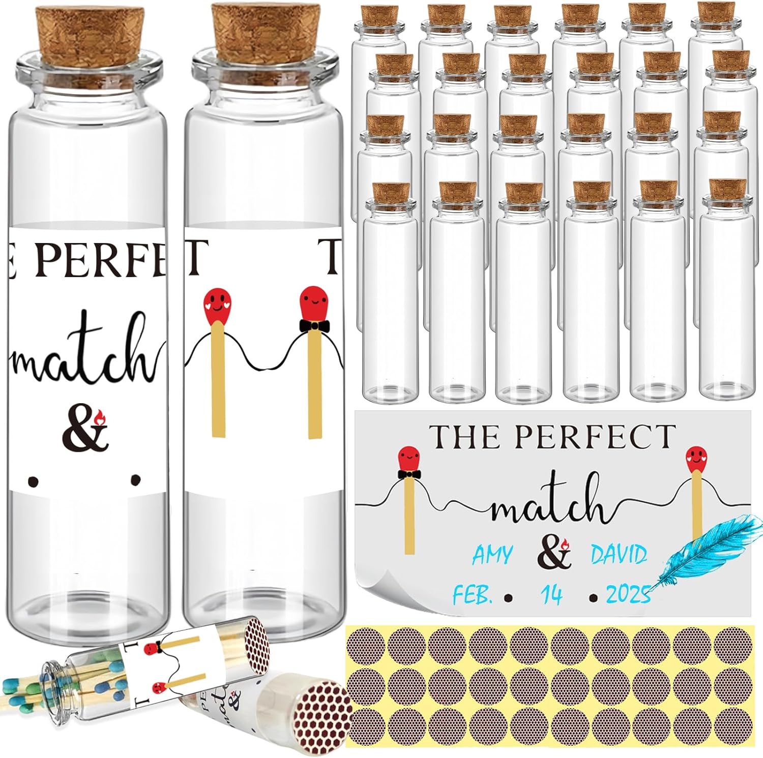 26 Set of Empty Match Jars With Cork Top And 30 Striker Stickers and 30 DIY Wedding Themed Stickers.DIY Bulk Glass Match Holder,Suitable for Guest Gifts,Bridal Shower Party Favors.