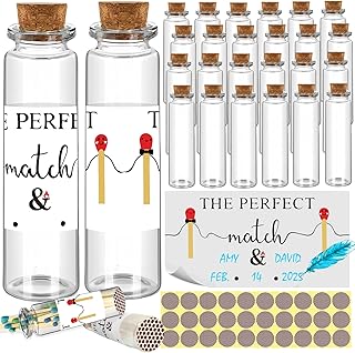 26 Set of Empty Match Jars With Cork Top And 30 Striker Stickers and 30 DIY Wedding Themed Stickers.DIY Bulk Glass Match Holder,Suitable for Guest Gifts,Bridal Shower Party Favors.