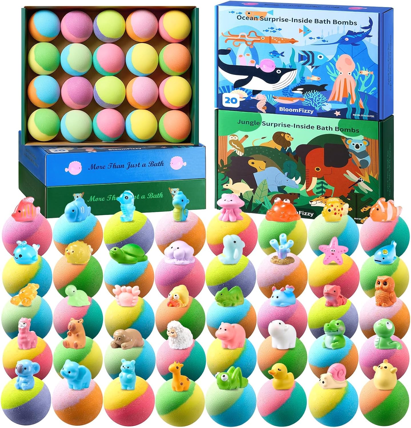 40 Kids Bath Bombs with Surprise Inside, Ocean & Jungle Animal Toys Gift Set with Natural Child-Safe Ingredients, Travel-Friendly Bath Bombs for Boys and Girls, Great for Birthdays, Christmas & Easter