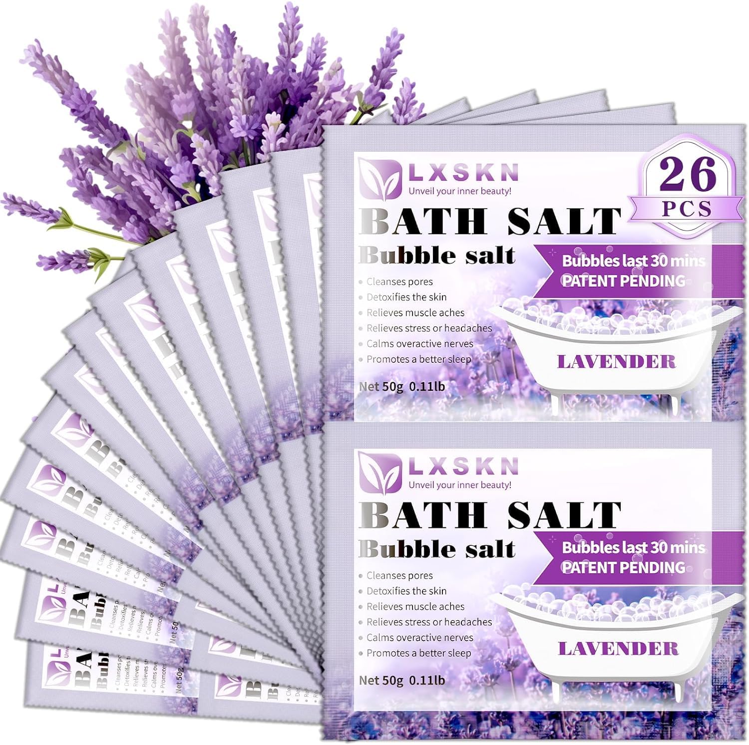 Bath Salts - 26 PCS Bubble Salt - Individually Packaged Bathing Alternative to Epsom Salt Relieves Muscle Pain Bubble Bath for Men and Women, Relaxes and Promotes Better Sleep