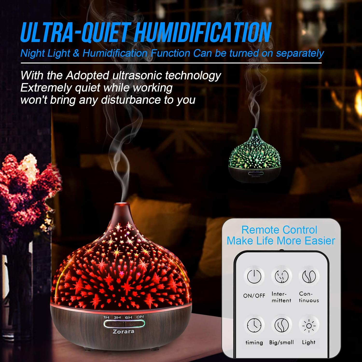 Essential Oil Diffuser 550ml Cool Mist Humidifier 3D Glass Ultrasonic Aromatherapy Humidifier with 7 Color Changing Led Lights, Waterless Auto Shut-Off, Adjustable Timer, Remote Control, Star