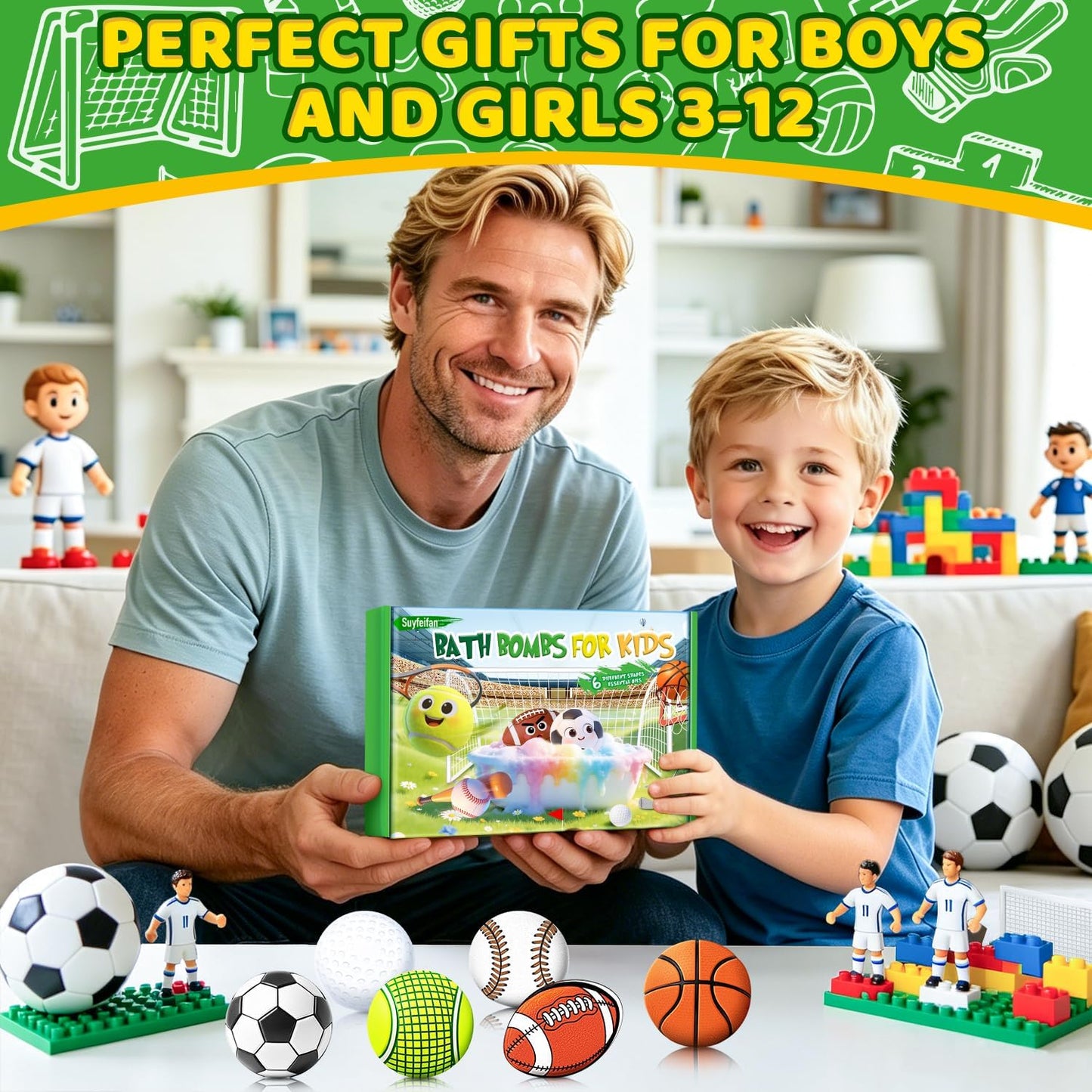 Bath Bombs for Kids, STEM 6-Pack Organic Handmade Bath Bomb Sports Themed, Basketball, Football, Rugby, Golf, Tennis Shapes, Mild Skin-Friendly SPA Toy, Nice Daily Reward and Holiday Gifts