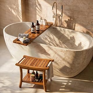 Tinamo Teak Shower Bench 22" L and Acacia Bathtub Caddy Tray 39" L Bundle