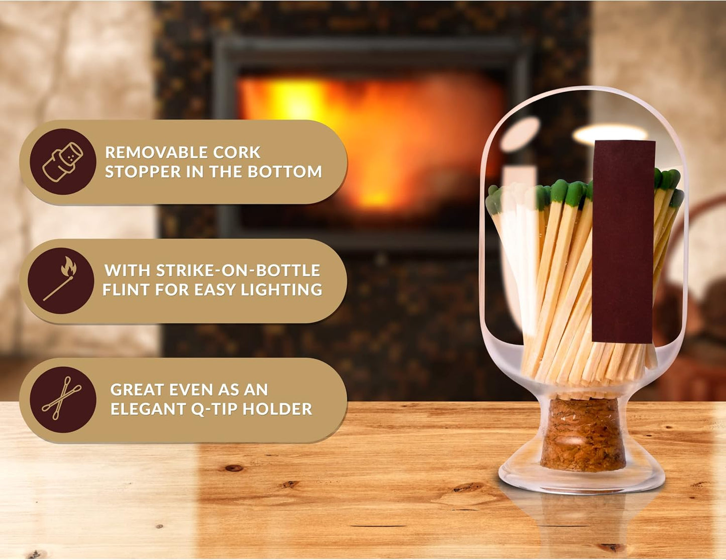 Glass Match Holder with Striker – Includes Fancy Matches in Cloche Jar – Decorative Christmas Gift for Home or Fireplace – White Medium