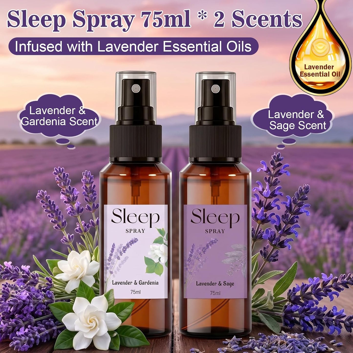 STRN Room Spray with Lavender Essential Oil for Sleep, Sleep Spray, Pillow Spray, 2 Scents - Lavender & Gardenia, Sage, Sweet Dream Fragrance Mist, 75 ML x 2 Bottles
