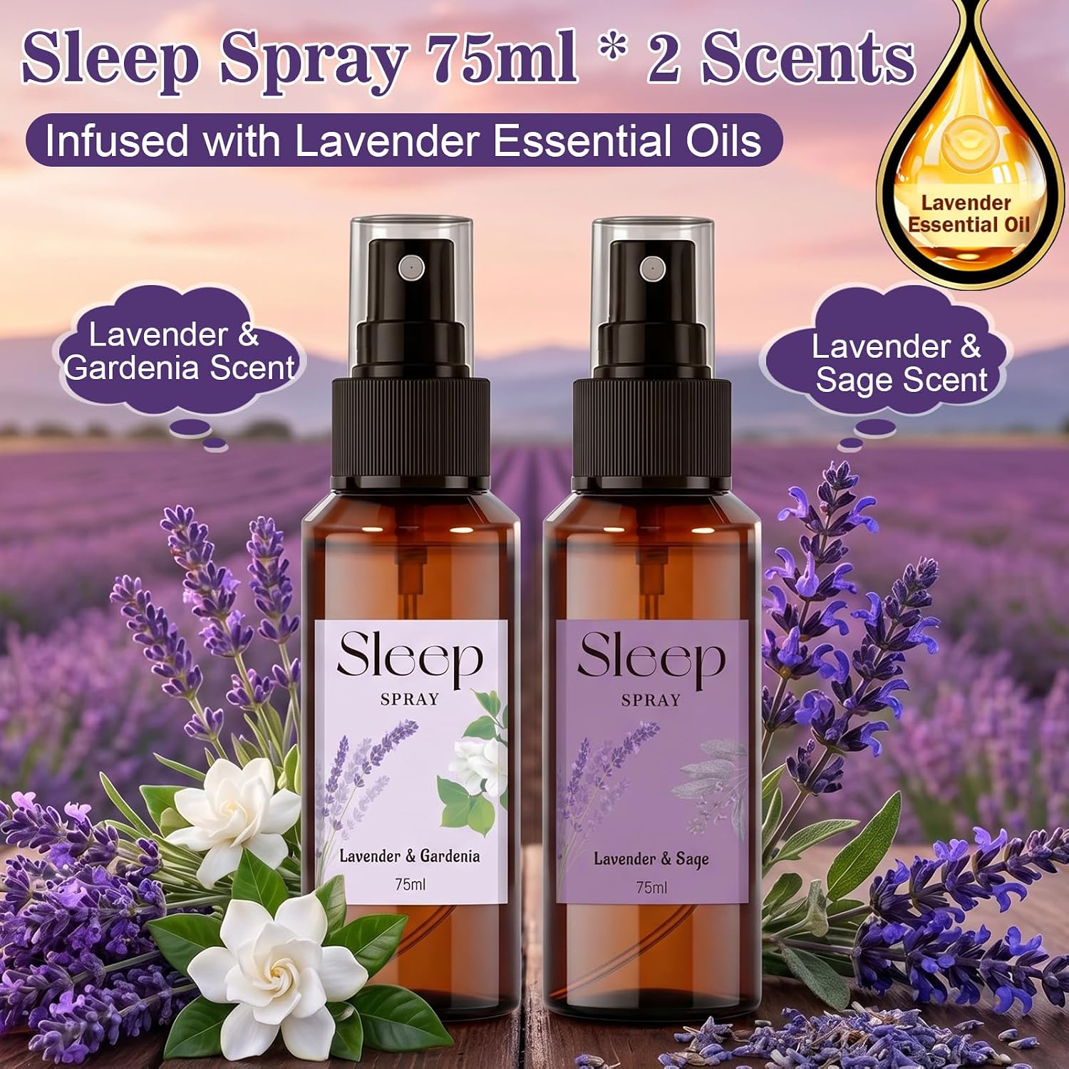 STRN Room Spray with Lavender Essential Oil for Sleep, Sleep Spray, Pillow Spray, 2 Scents - Lavender & Gardenia, Sage, Sweet Dream Fragrance Mist, 75 ML x 2 Bottles