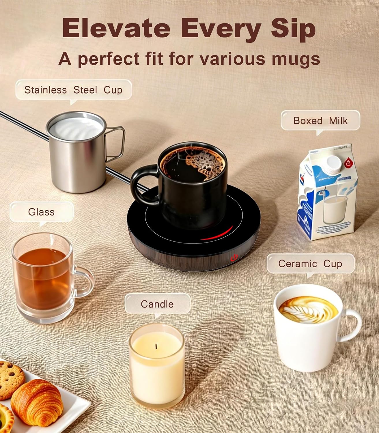 Kepwam Coffee Mug Warmer for Desk, 3-Temp Fast Heating Cup Warmer with 6H Auto Shut Off, LED Light & Smart Candle Warmer for All Beverages, Ideal Gifts for Women Men