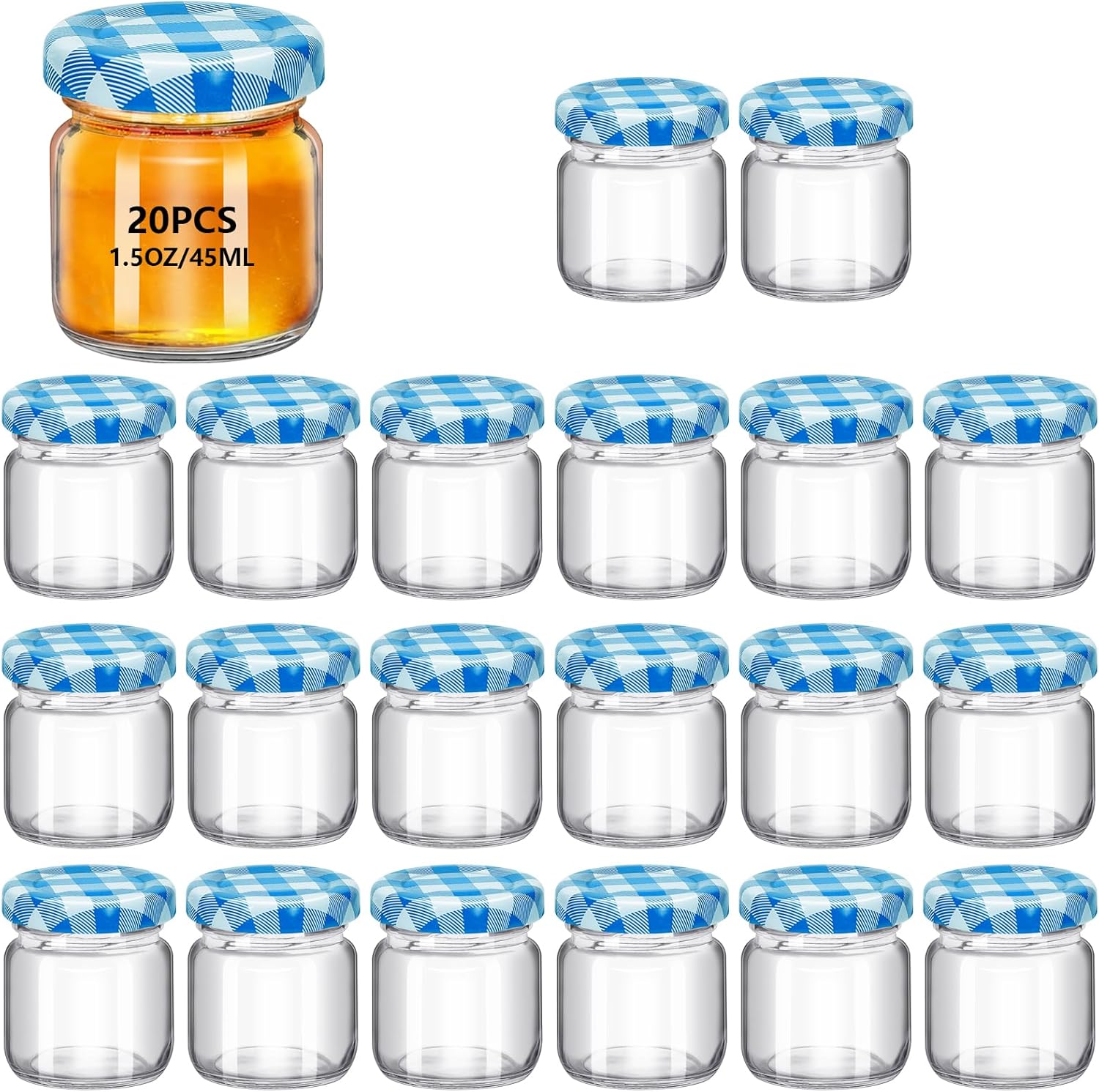 20Pack 1.5 oz Round Mini Clear Honey Jars for Wedding Favor, Baby Shower,45ml Small Glass Favor with Airtight Lids, Gift Jars, Sample Body Butter, Jam, Spices, Herbs, Candy, Candle (Blue grid lid)