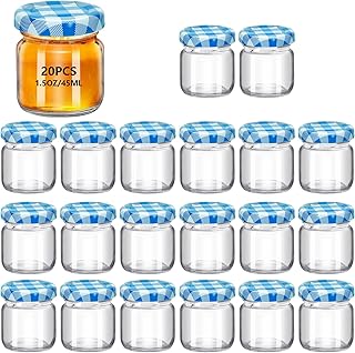 20Pack 1.5 oz Round Mini Clear Honey Jars for Wedding Favor, Baby Shower,45ml Small Glass Favor with Airtight Lids, Gift Jars, Sample Body Butter, Jam, Spices, Herbs, Candy, Candle (Blue grid lid)