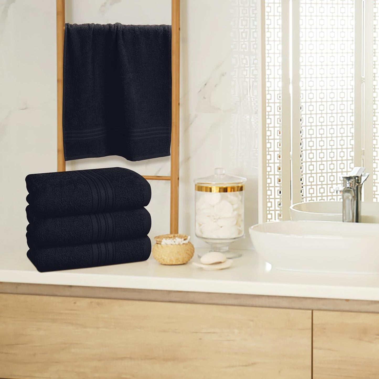 BOUTIQUO Ultra Soft Cotton 6 -Piece Hand Towel Set 16x24 Inch, Ideal for use in Bathroom, Kitchen, Gym, Spa & General Cleaning, Compact & Lightweight Multi Purpose Hand Towels - Black
