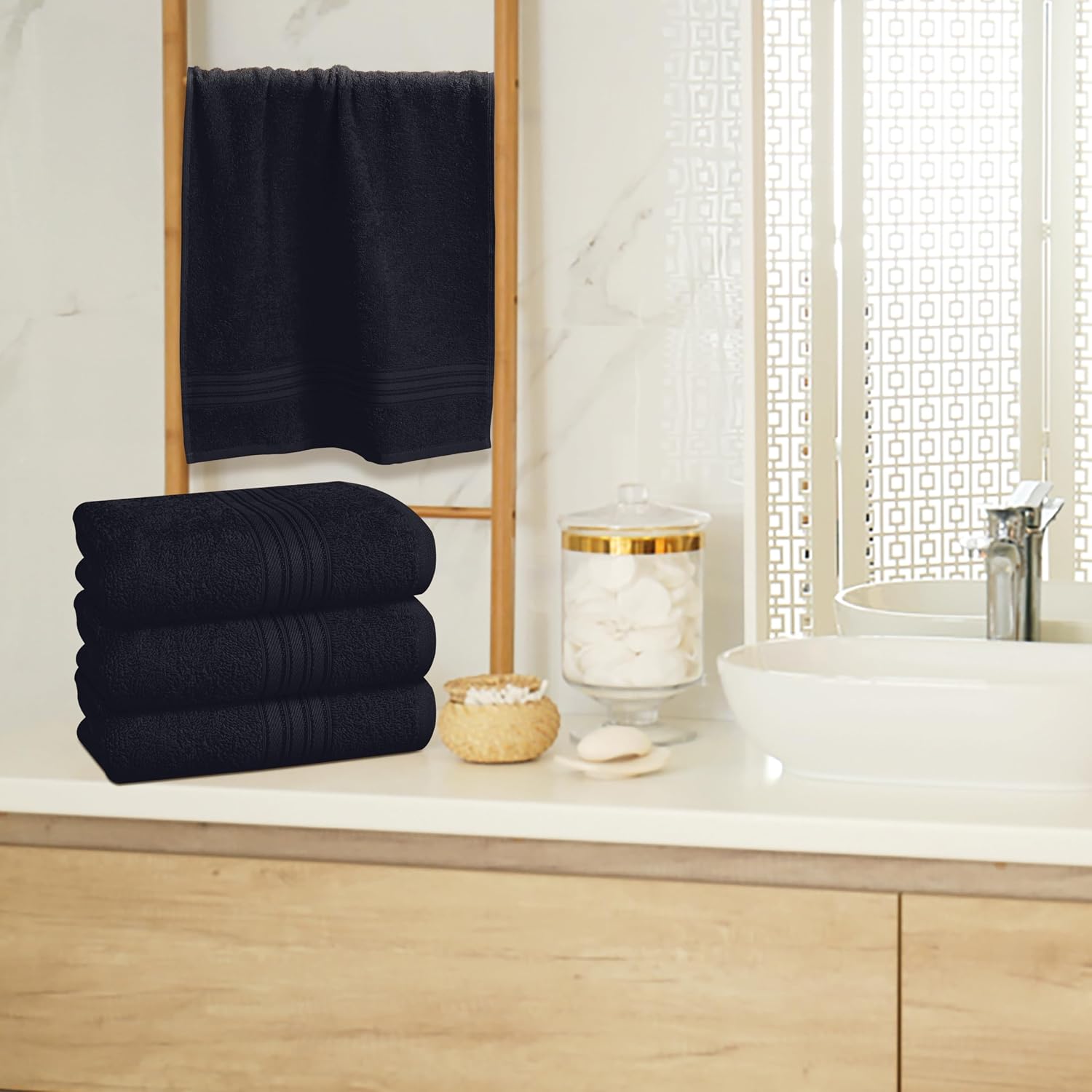 BOUTIQUO Ultra Soft Cotton 6 -Piece Hand Towel Set 16x24 Inch, Ideal for use in Bathroom, Kitchen, Gym, Spa & General Cleaning, Compact & Lightweight Multi Purpose Hand Towels - Black