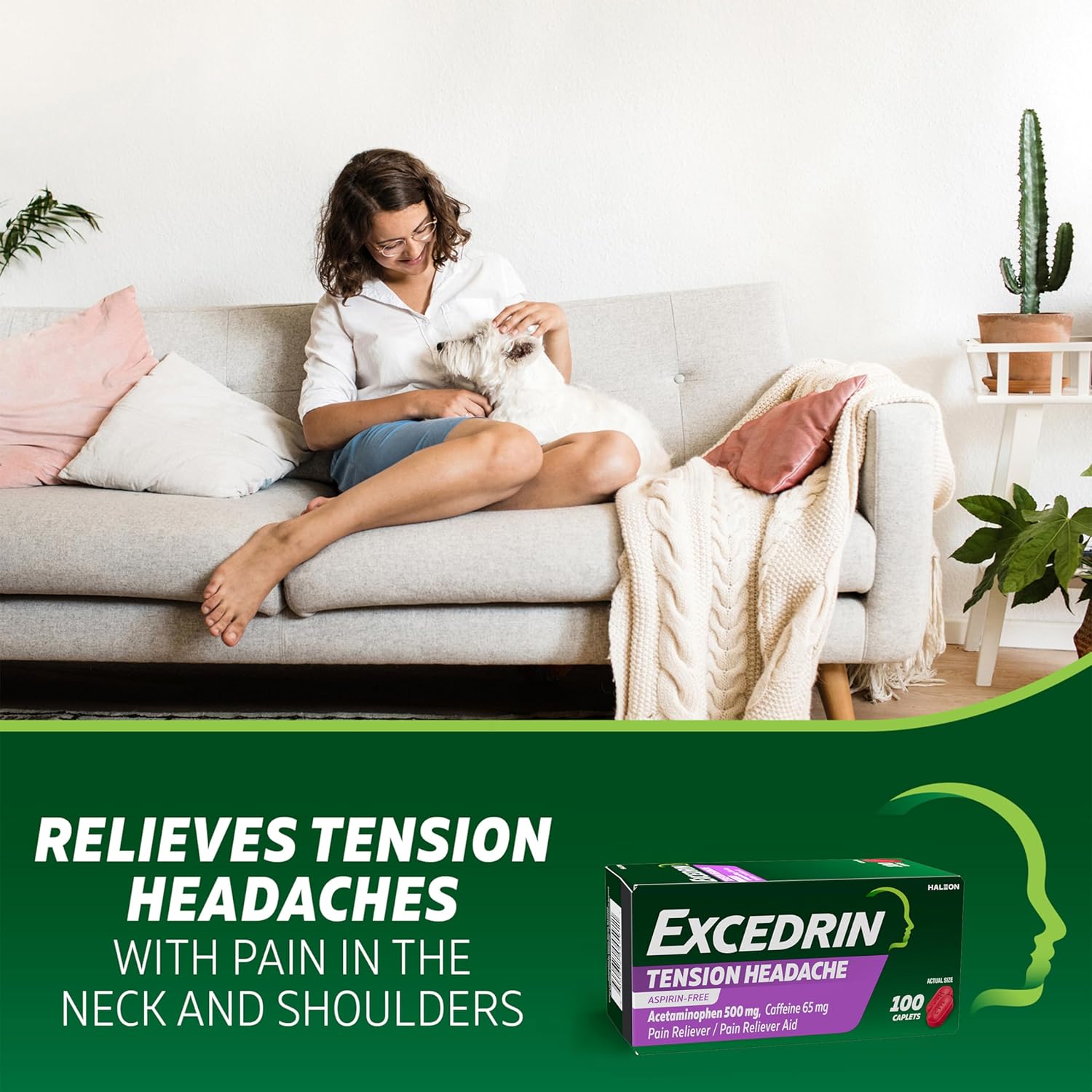 Excedrin Tension Headache Relief Caplets, Acetaminophen 500mg, Caffeine 65mg, Pain Reliever, Aspirin-Free, 100 Count