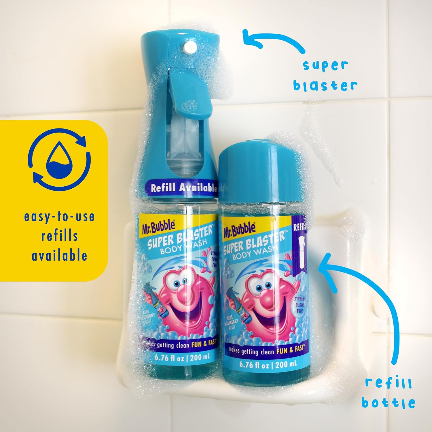 Mr. Bubble Super Blaster Body Wash, Blue Raspberry Blast Scent, Fun Body Wash Sprayer for Kids Shower and Bath, 6.76 fl oz