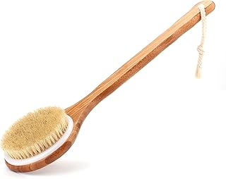 Shower Brush with Natural Bristle - Long Bamboo Handle Bath Body Brush for Wet or Dry Brushing - Improves Blood Circulation, Exfoliating Skin