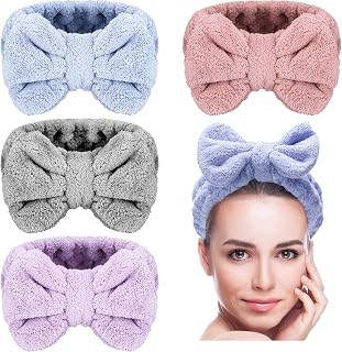 Senkary 4 Pack Makeup Spa Headband Microfiber Bow Towel Soft Fluffy Washing Face Headband for Women Girls Shower Bath Skincare (Pink, Light Blue, Purple, Gray)