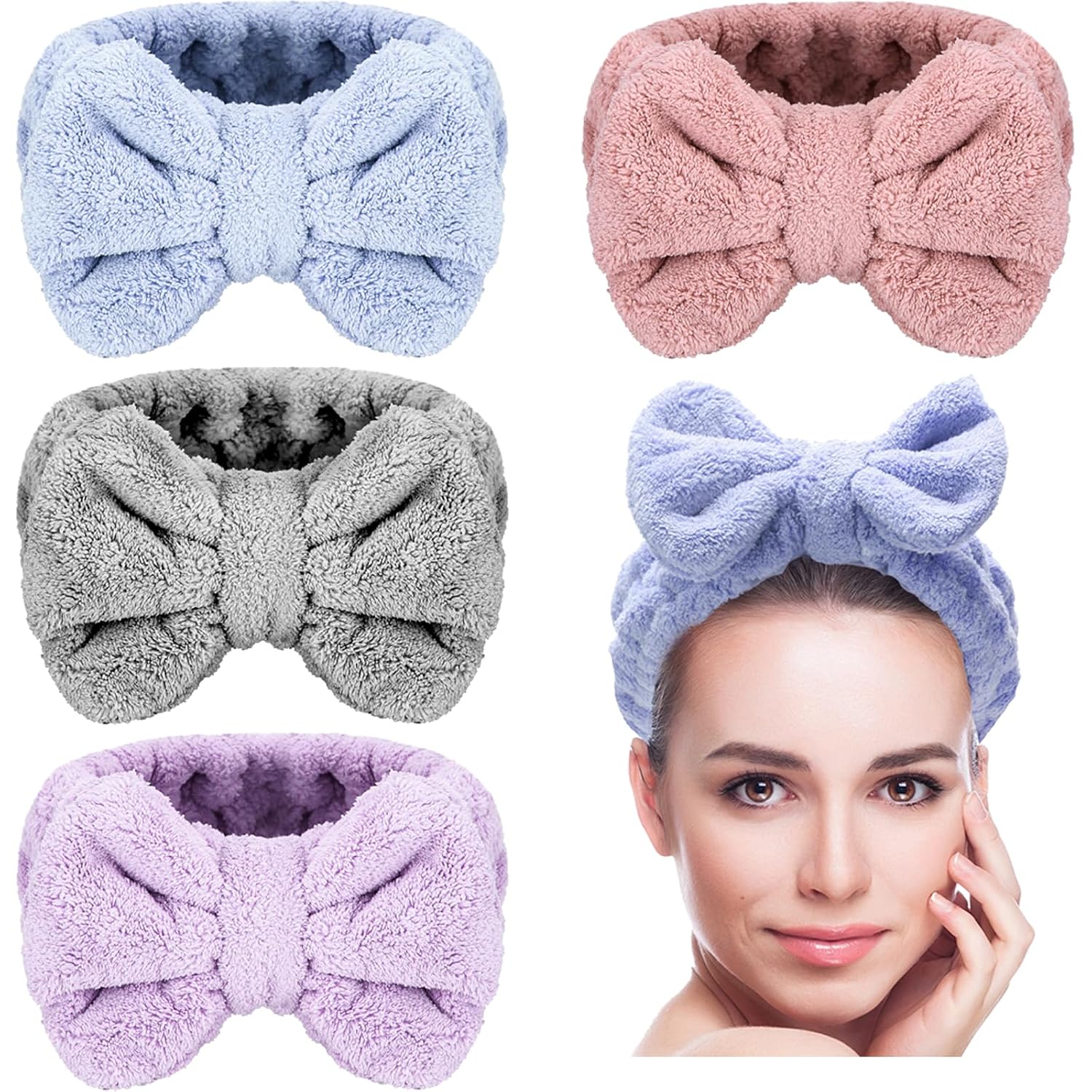 Senkary 4 Pack Makeup Spa Headband Microfiber Bow Towel Soft Fluffy Washing Face Headband for Women Girls Shower Bath Skincare (Pink, Light Blue, Purple, Gray)
