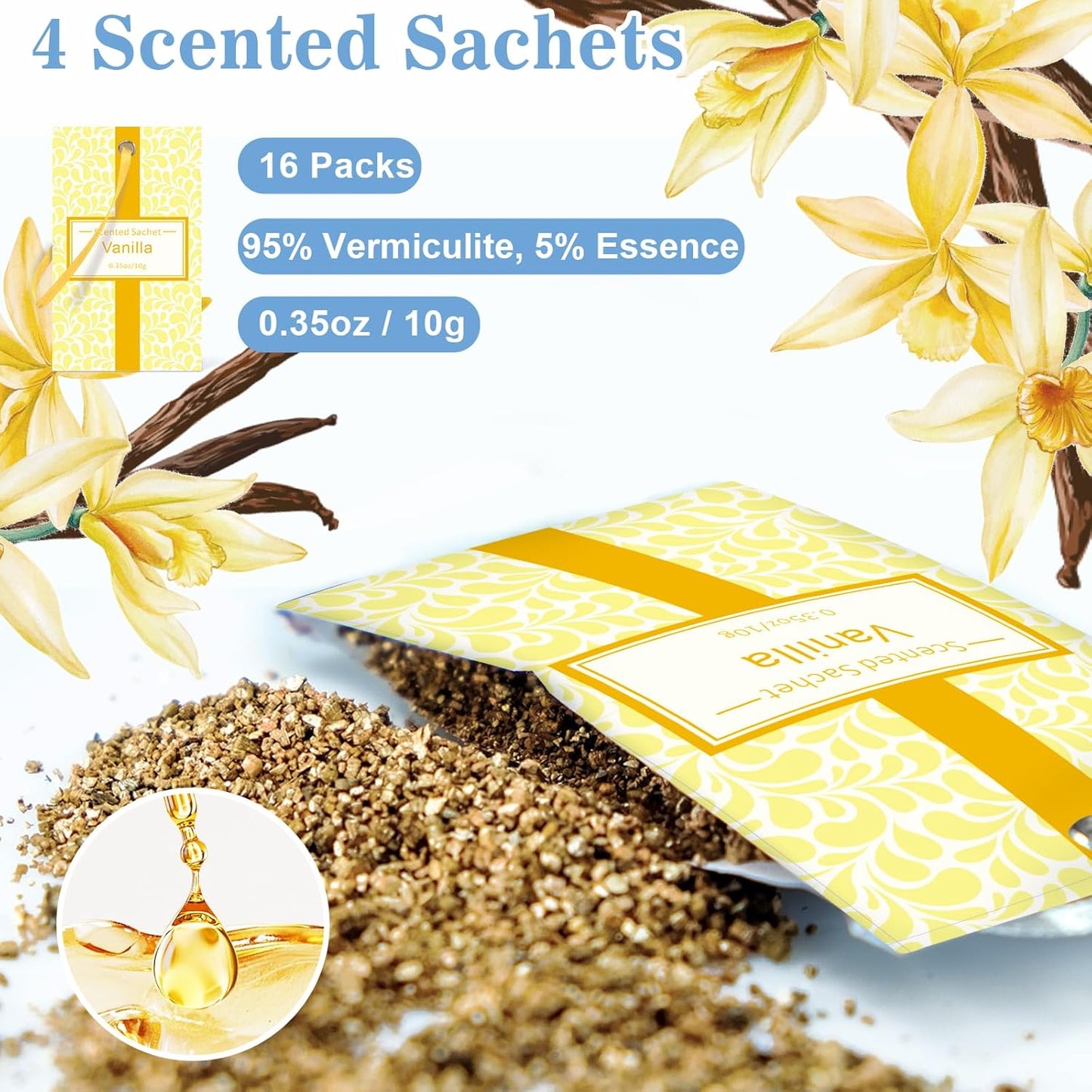 STRN Scented Sachets for Drawer and Closet, 4 Scents Linen, Lavender, Pure Cotton, Vanilla, 16 Packs Long-Lasting Sachets for Home Fragrance, Small Space Air Freshener for Wardrobes