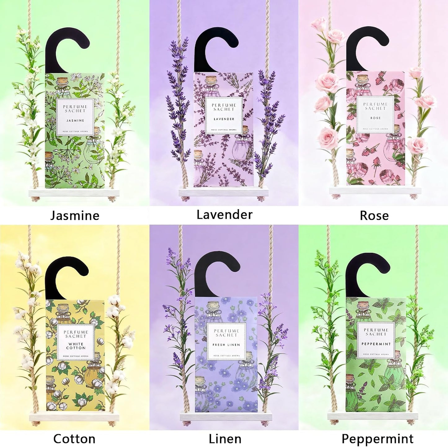 ROSE COTTAGE Large 12 Packs Hanging Closet Deodorizer Air Freshener Scented Sachets Long Lasting Smell Goods 6 Scents Option - Lavender, Linen, Cotton, Mint, Jasmine, Rose