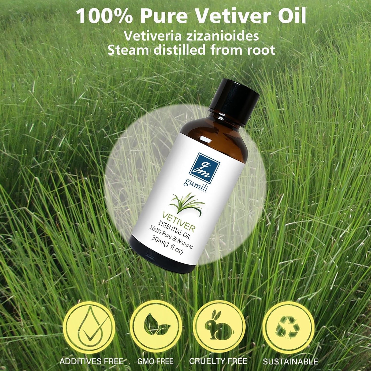 GM Gumili Vetiver Essential Oil 1 Oz - 100% Pure & Natural Vetiver Oil for Diffuser, Aromatherapy, Skin, Hair, Massage, Relaxing Scent