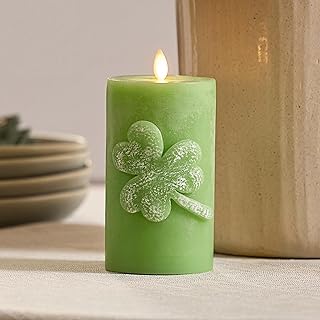 Luminara Lucky Green Shamrock Pillar Candle - Flickering Real-Flame Technology - Flameless LED - Remote Ready - St. Patrick's Day - 3.4" x 6.5"