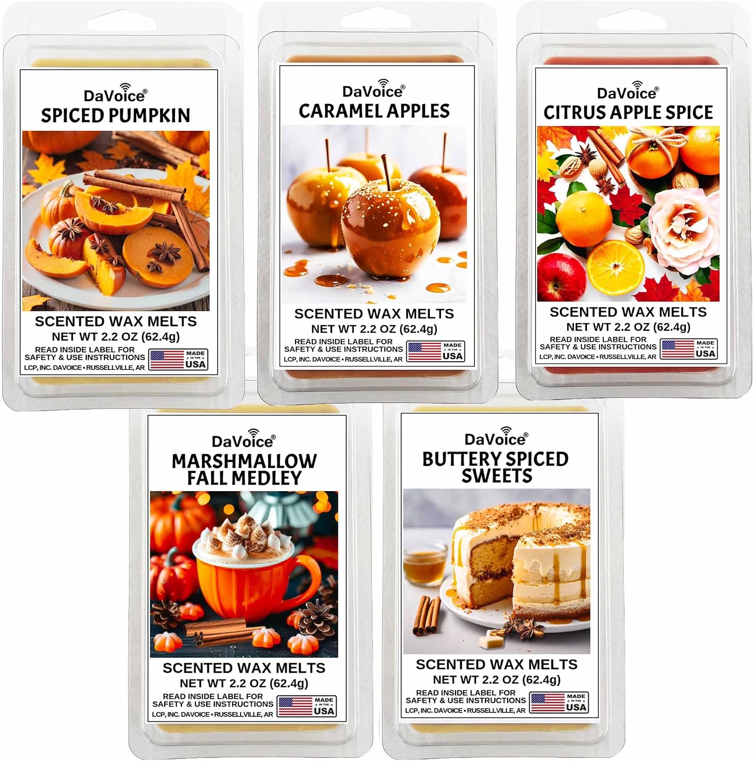 DaVoice Fall Wax Melts Wax Cubes, Premium Soy Wax Blend, Apple Cinnamon Pumpkin Vanilla Wax Melts Fall Scents Long Lasting, Fall Scented Wax Melts (5 Pack Fall Wax Melts Variety Pack, 30 Cubes, 11 oz)
