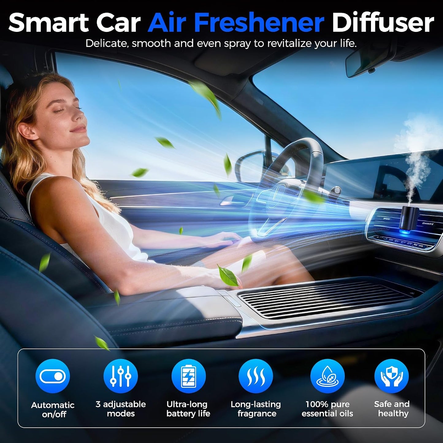 Car Air Freshener Diffuser, Smart Car Air Freshener, Auto On/Off with 3 Modes, Vent Clip, Long Lasting with 10 Essential Oils in 5 Scents (2 Pack)