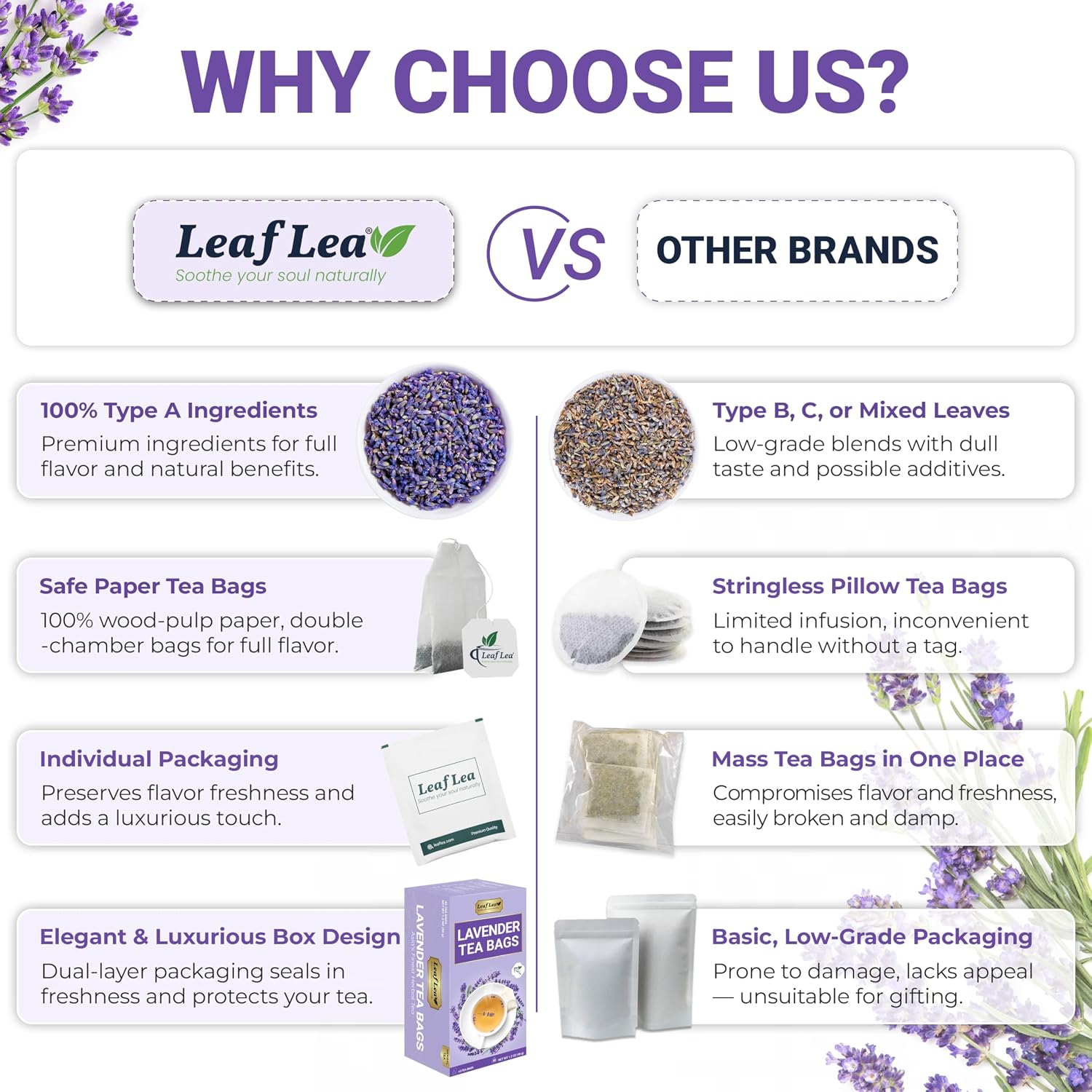 LeafLea Lavender Tea Bags, Pure Lavender Flower Herbal Tea, 40 Count | Just Real Lavender, Nothing Else, Soft Floral Aroma, Caffeine-Free, A Calming Cup Before Bed, Individually Foil-Wrapped